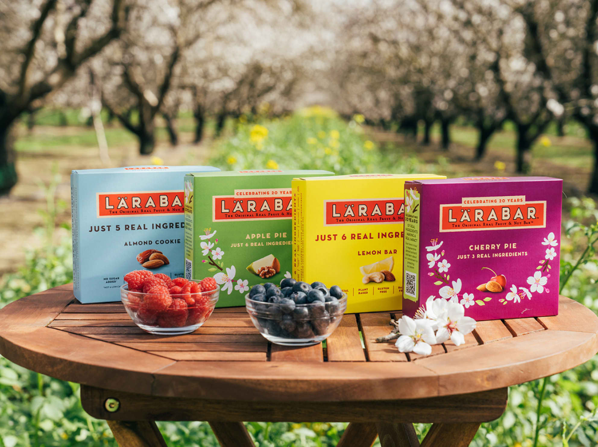 Larabar 20th anniversary boxes sitting on a table in an almond orchard